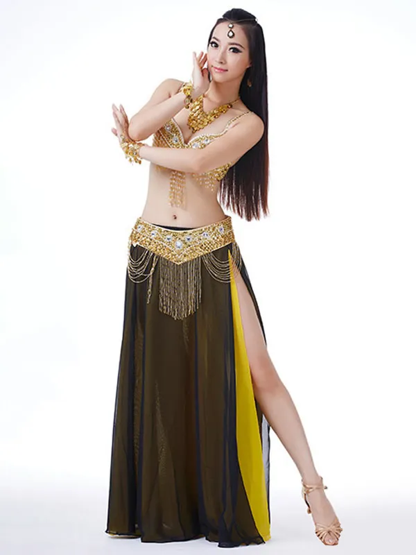 Belly Dance Long Skirt Green Adult's Belly Dancer Set Beaded Sequins Polyester Women Performance Costume